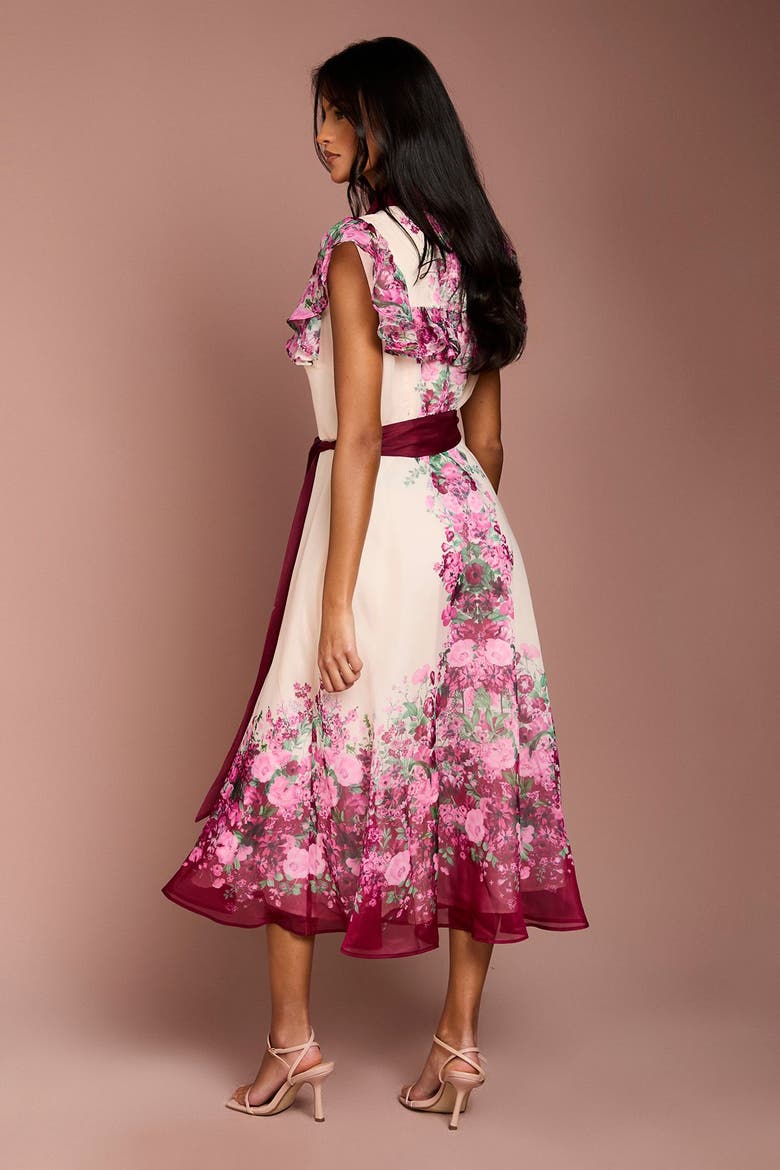 Petite Floral Frill Collard Midi Dress, Alternate, color, Berry
