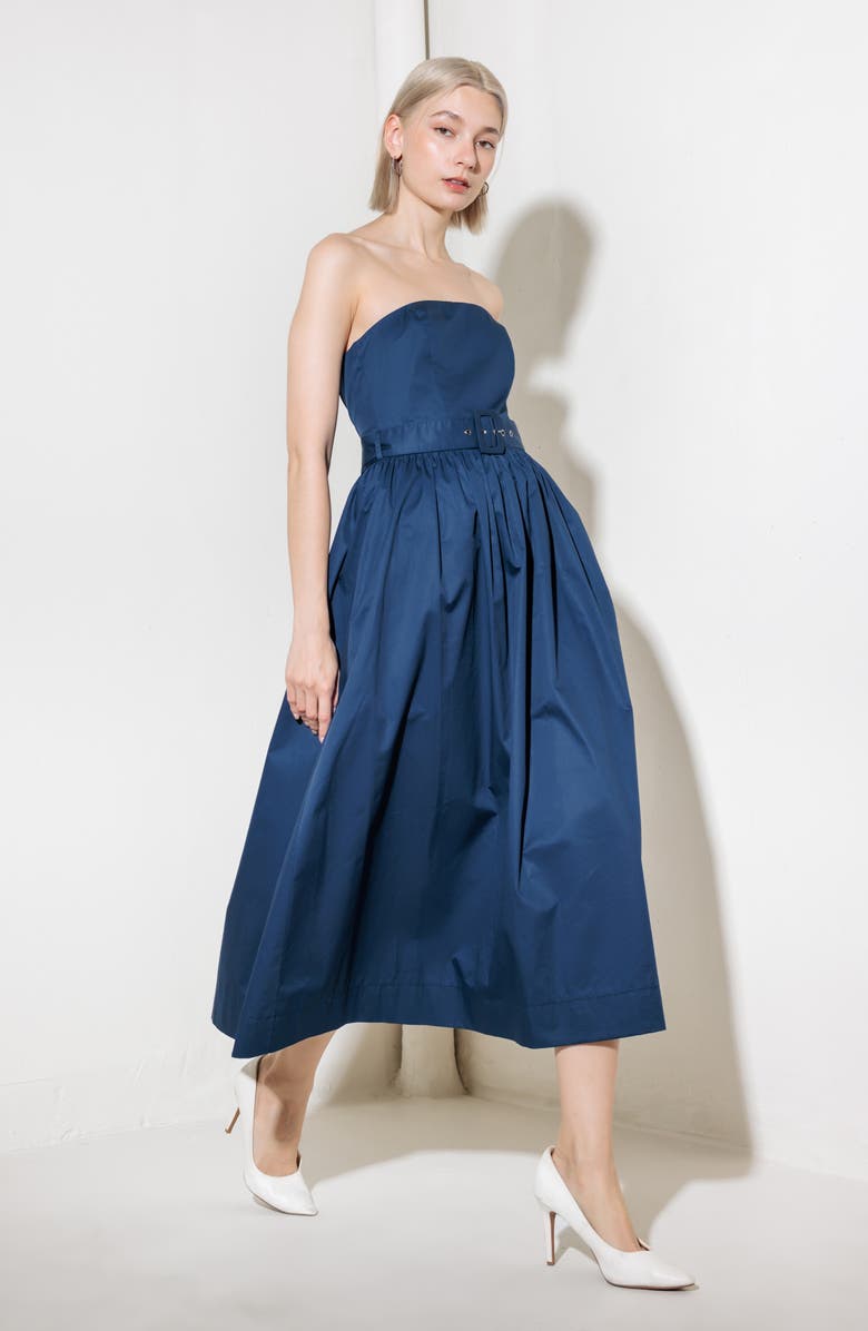 FREEMARKET Belted Strapless Midi Dress, Alternate, color, Navy