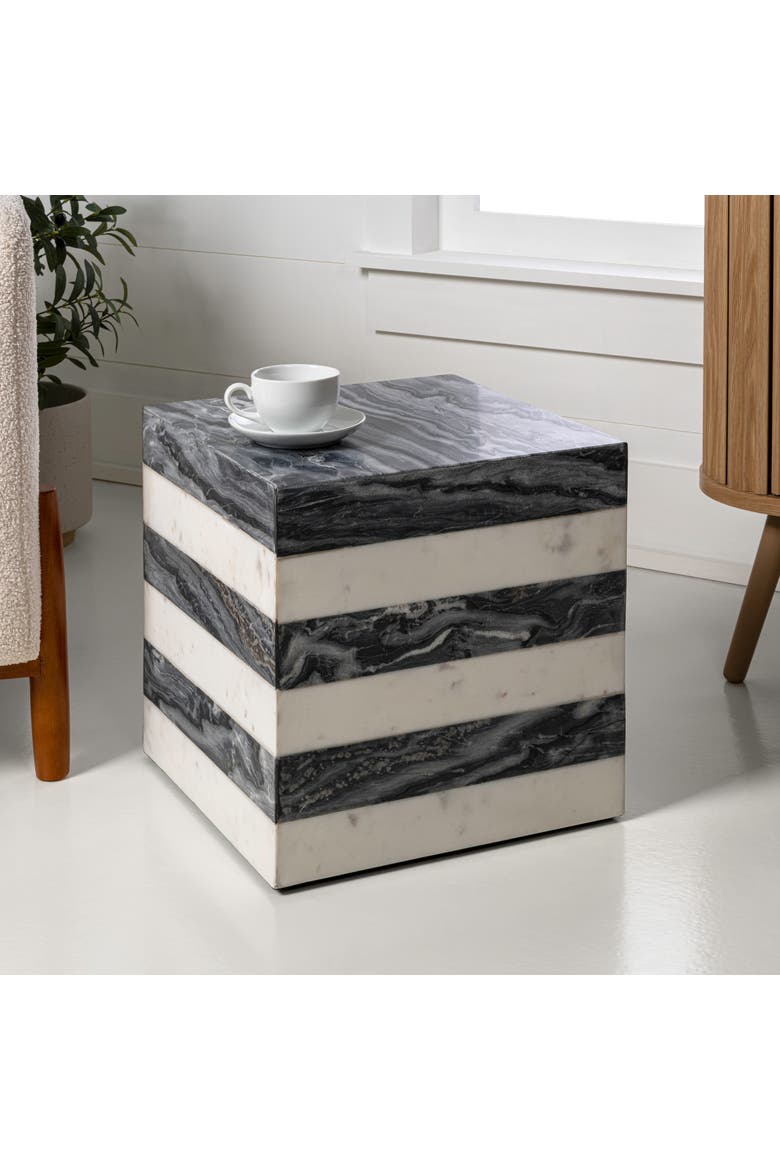 Felix Minimalist Marble Cube End Table, Stone Square Block Side Table, Solid Living Room Accent Pedestal, Alternate, color, Black/White