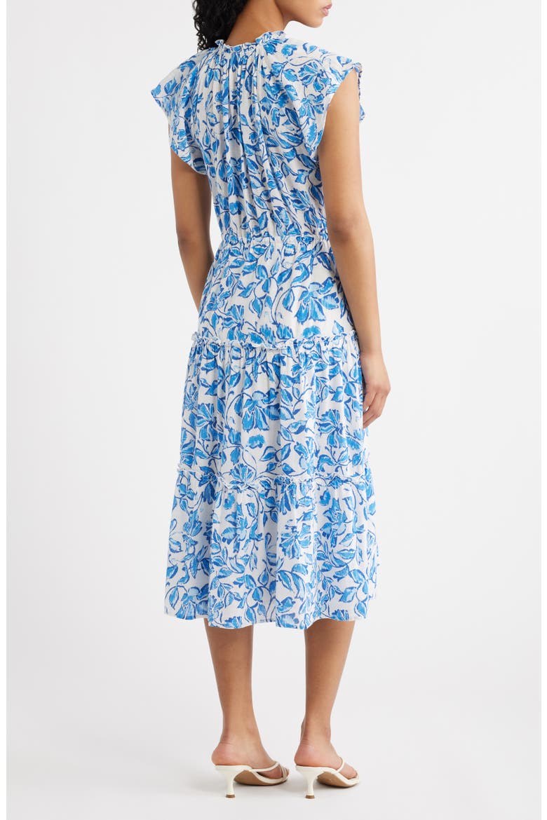 Juni Floral Tie Waist Linen Blend Midi Dress, Alternate, color, AZURE JASMINE