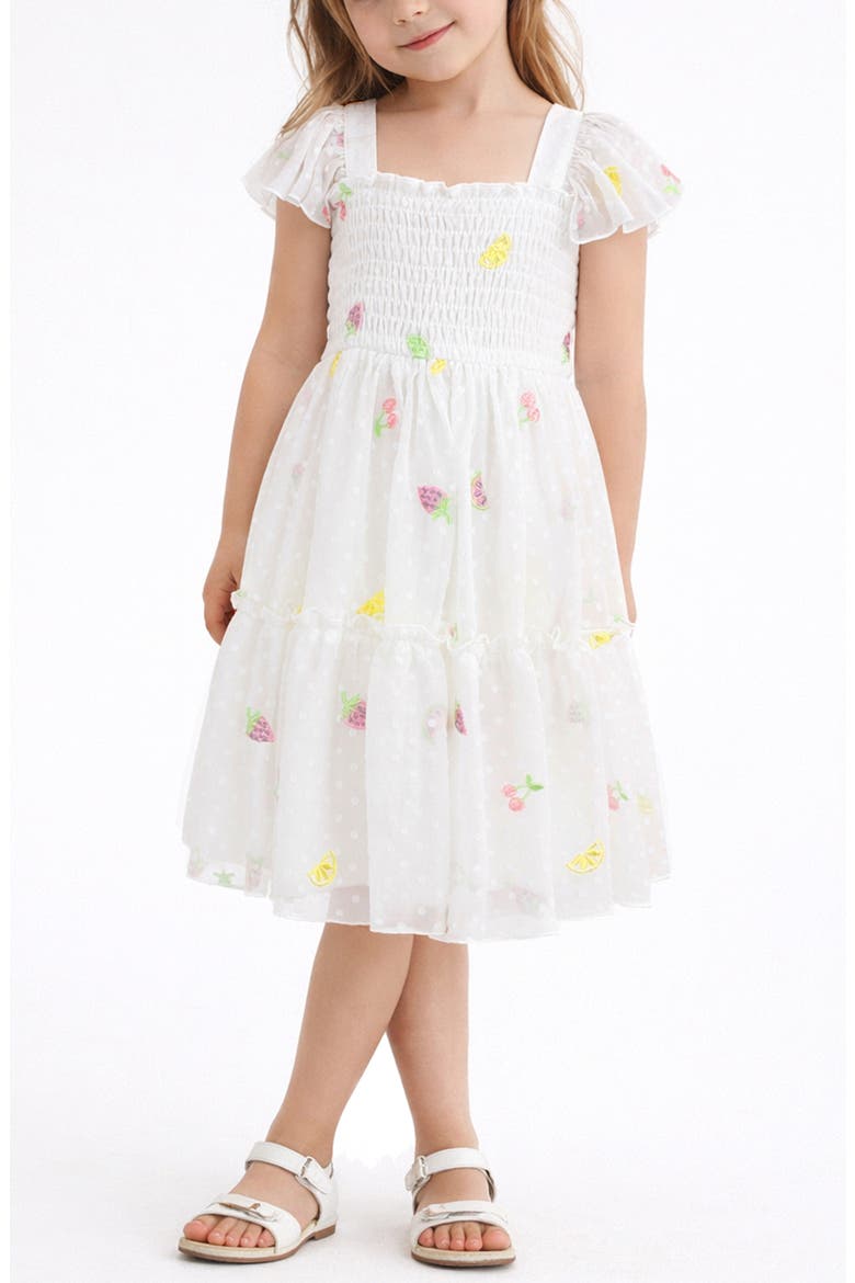 Kids' Fruit Embroidered Smocked Dress, Alternate, color, IVORY/ MULTI