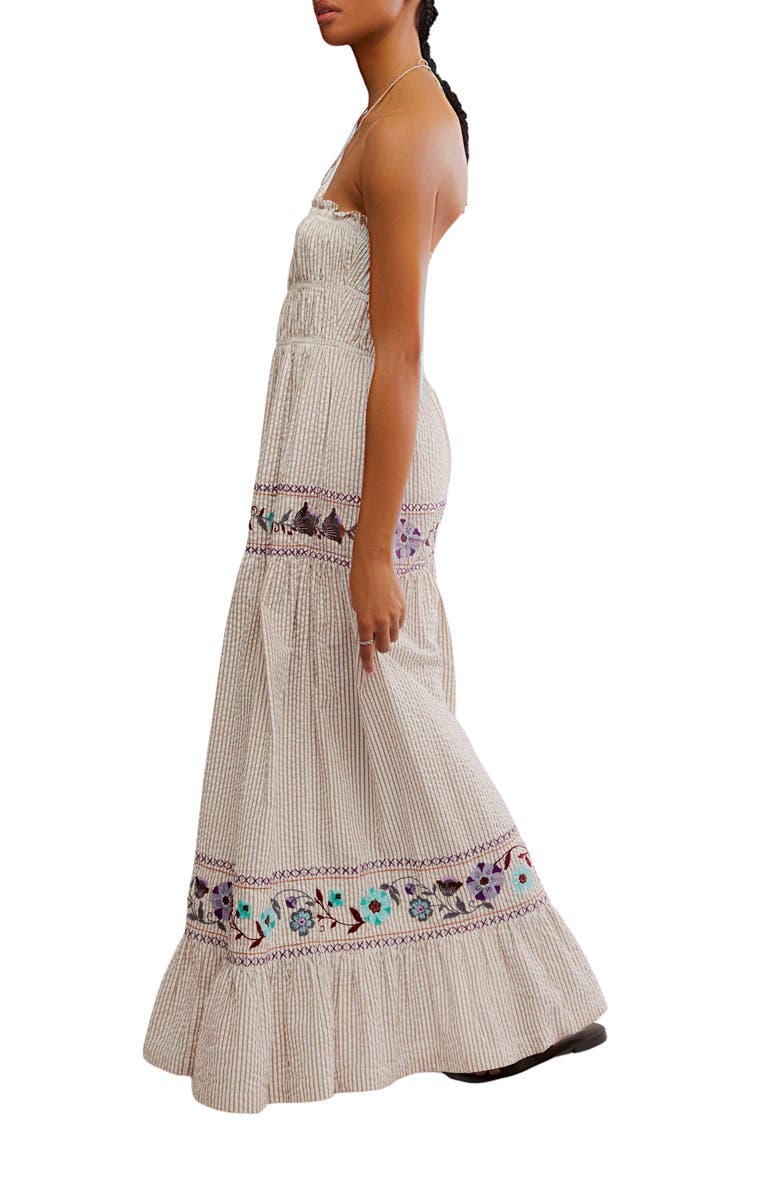 Free People Kalani Stripe Embroidered Halter Neck Cotton Maxi Dress, Alternate, color, Ivory Stripe Combo