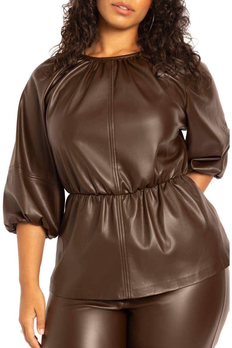 Faux Leather Peplum Top, Main, color, HOT FUDGE