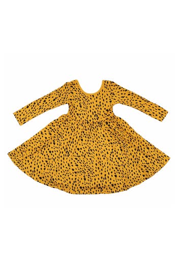Kyte Baby Kids' Marigold Cheetah Long Sleeve Twirl Dress In Yellow