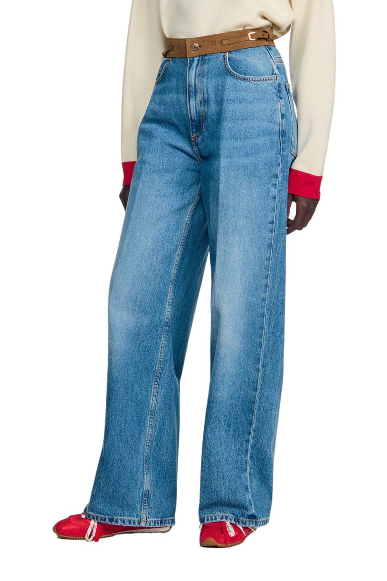 Straight jeans with leather belt, Alternate, color, Blue jean