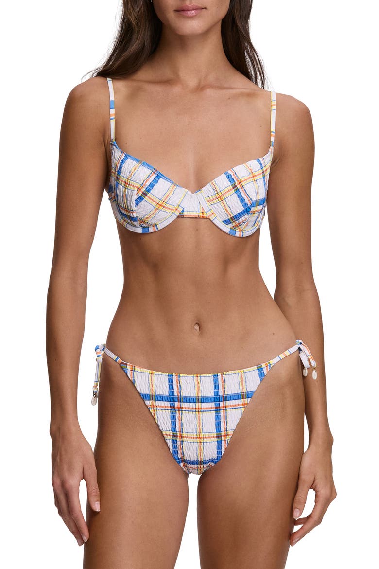Ring Plaid Side Tie Bikini Bottoms, Alternate, color, WHITE/ BLUE MULTI