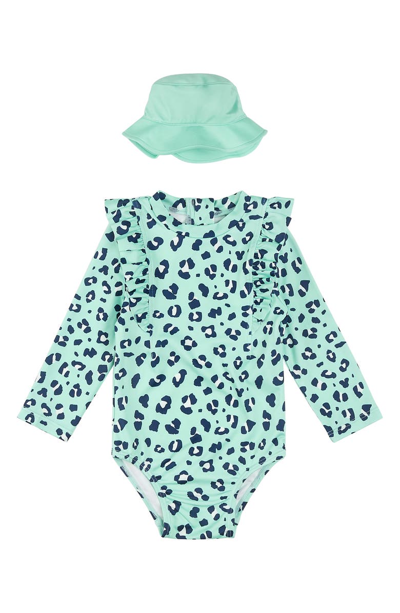 PL Baby by Petit Lem 2-Piece Long Sleeve Swimsuit & Cap Set, Main, color, 