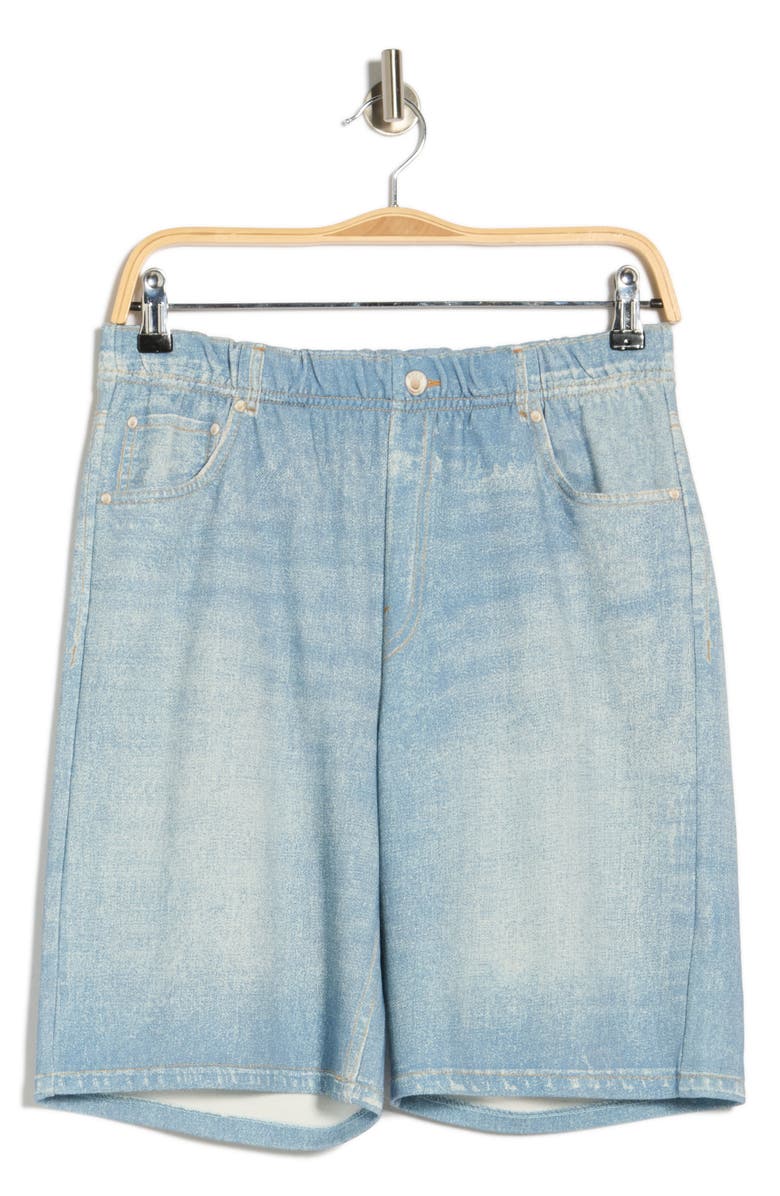 ECRU Mirage Denim Printed French Terry Shorts, Alternate, color, Light Wash