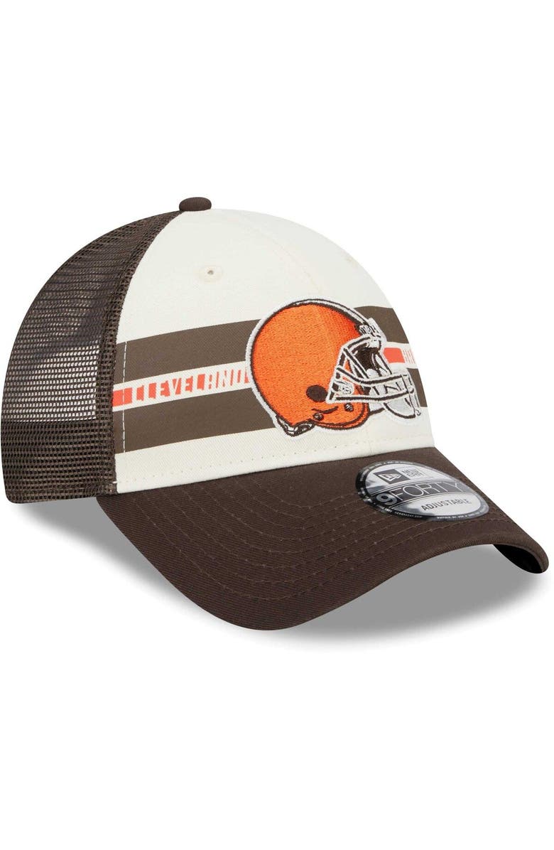 New Era Men's New Era Cream/Brown Cleveland Browns Team Stripe Trucker 9FORTY Snapback Hat, Alternate, color,