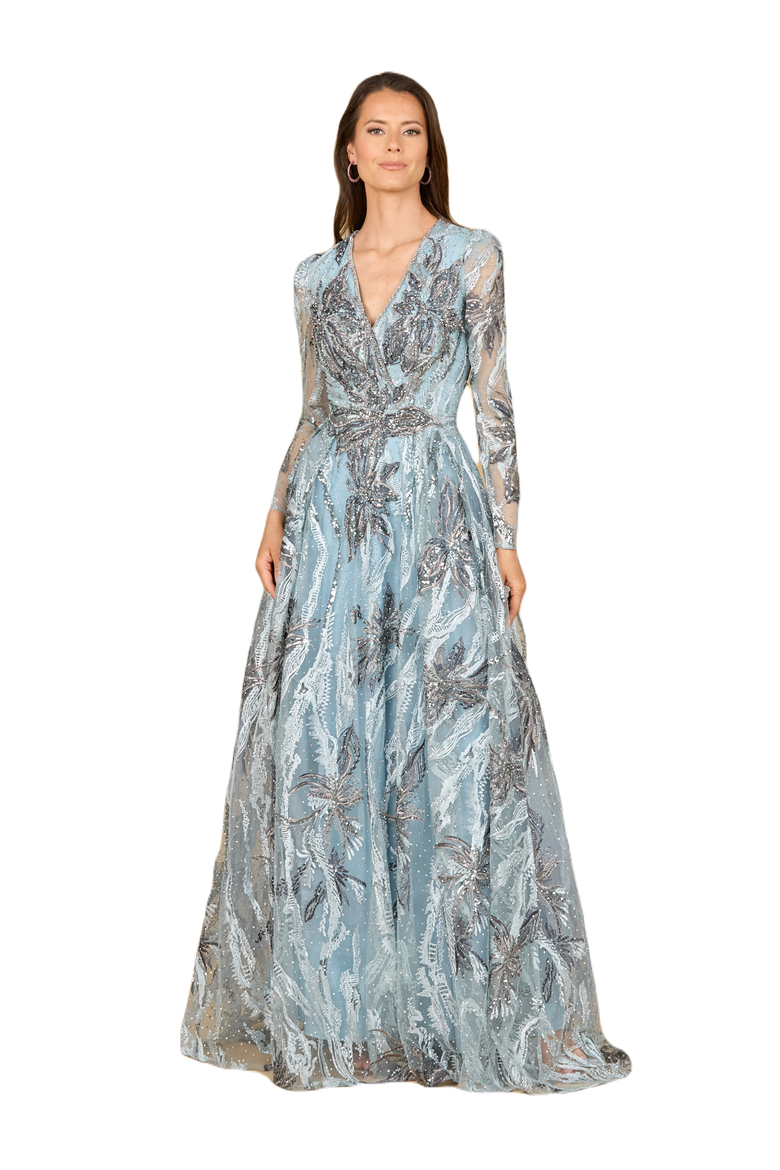Long Sleeve V-Neck A-Line Gown, Main, color, Slate