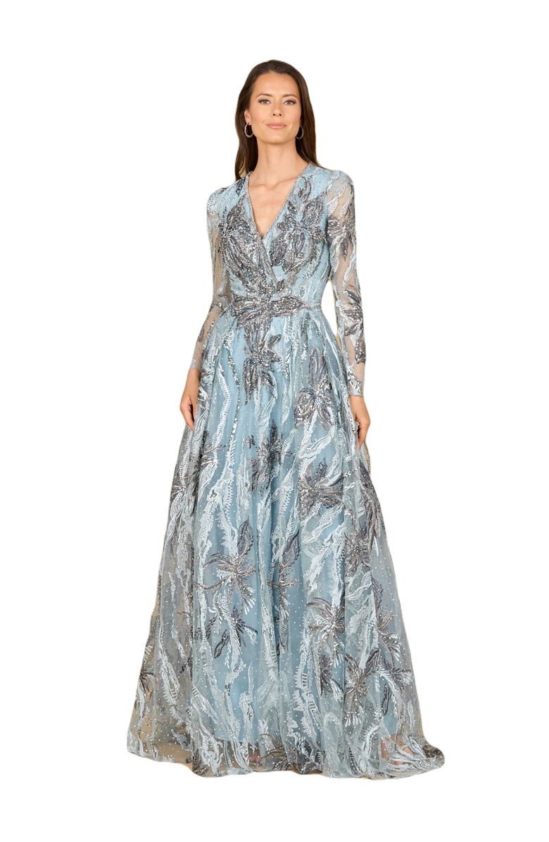 LARA New York Long Sleeve V-Neck A-Line Gown, Main, color, Slate