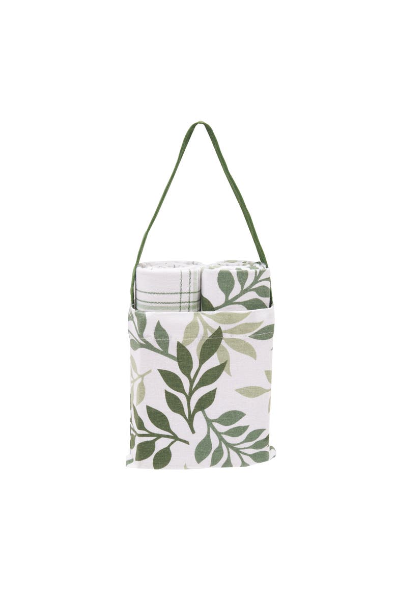 Sage Foliage & Plaid Dishtowel & Tote Bag Gift Bundle Set of 3, Main, color, Green