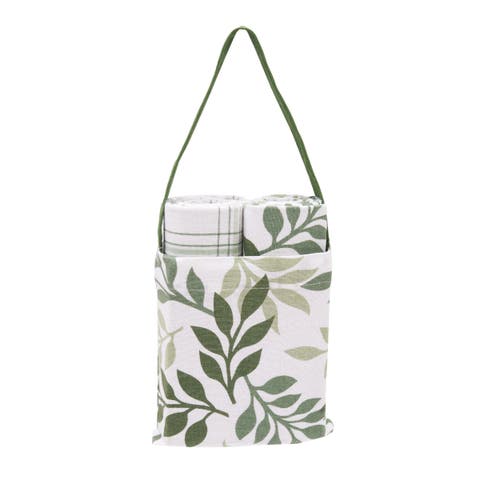 Sage Foliage & Plaid Dishtowel & Tote Bag Gift Bundle Set of 3