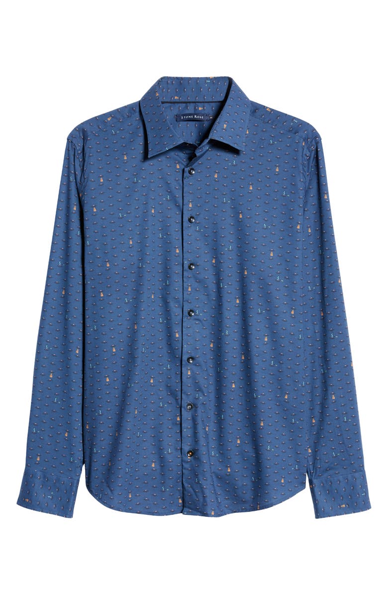 Stone Rose UFO Print Trim Fit Stretch Cotton Button-Up Shirt, Alternate, color, Navy