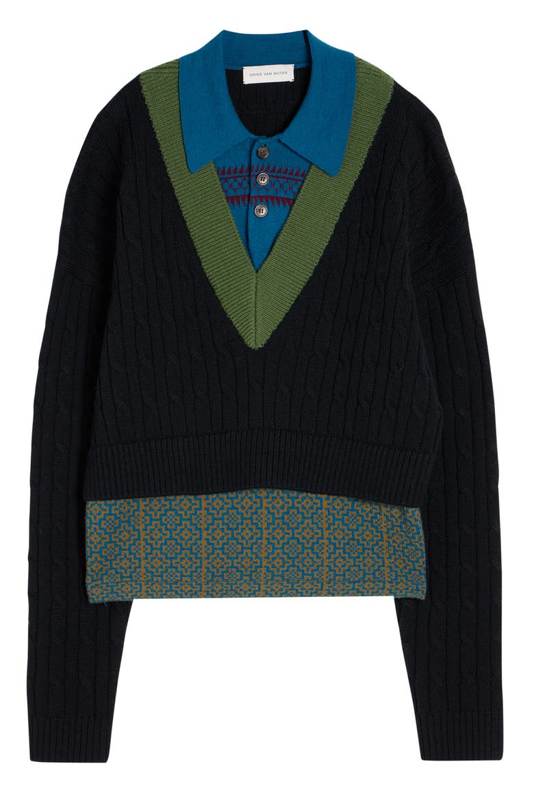 Medan Colorblock Cable Stitch Polo Sweater, Alternate, color, BLACK