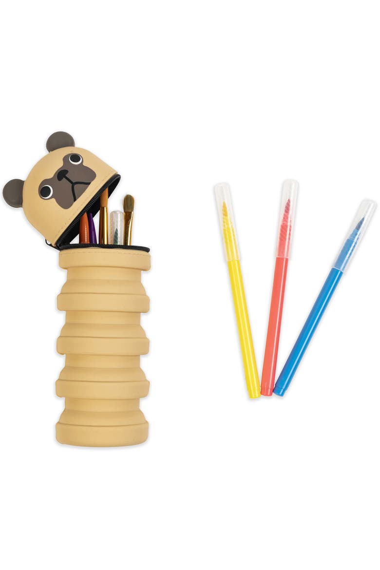Retractable Pencil Case, Pug Dog Character, Alternate, color, Brown