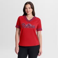 FANATICS Women's Fanatics Red Philadelphia Phillies Diva Race Ahead Raglan V-Neck T-Shirt