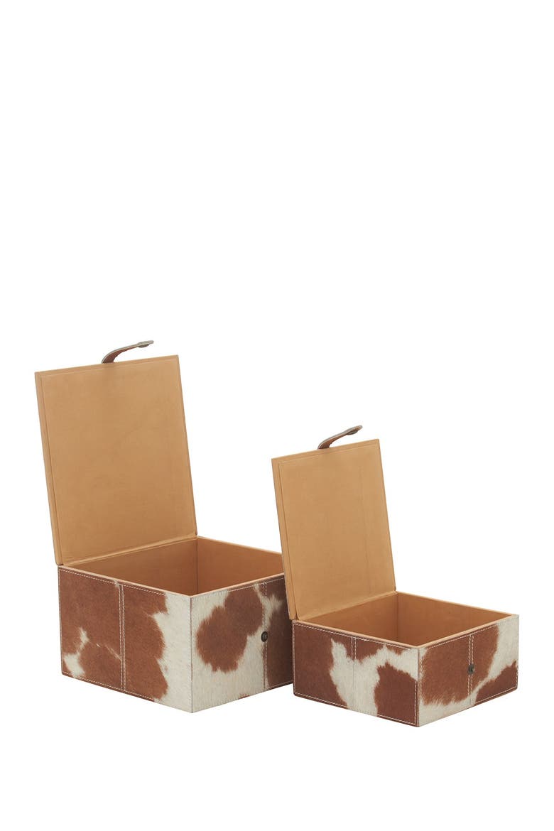 Brown Leather & Genuine Calf Hair Handmade Box with Hinged Lid - Set of 2, Alternate, color, BRONW
