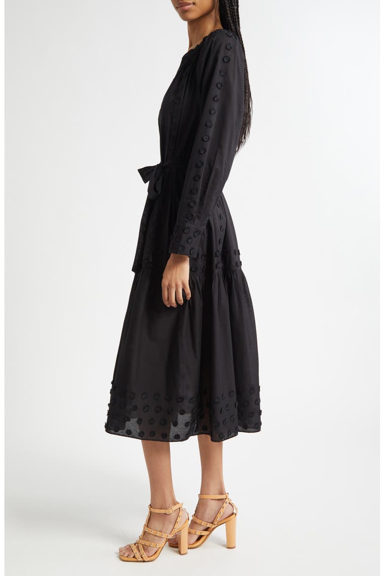 Emera Embroidered Tie Waist Long Sleeve Midi Dress, Alternate, color, NOIR