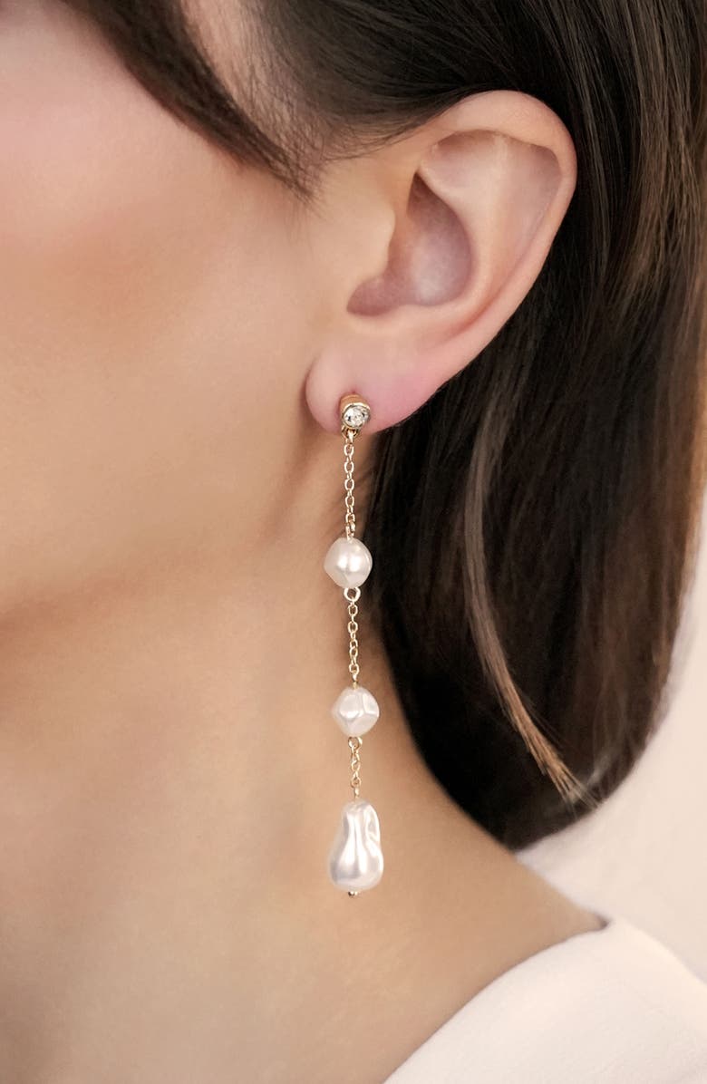 Ettika Crystal & Faux Pearl Linear Drop Earrings, Alternate, color, Gold