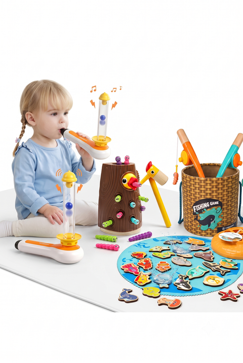 3 in 1 Kids Fine Motor Activity Set Includes Magnetic Bird Feeding, Fishing & Sensory