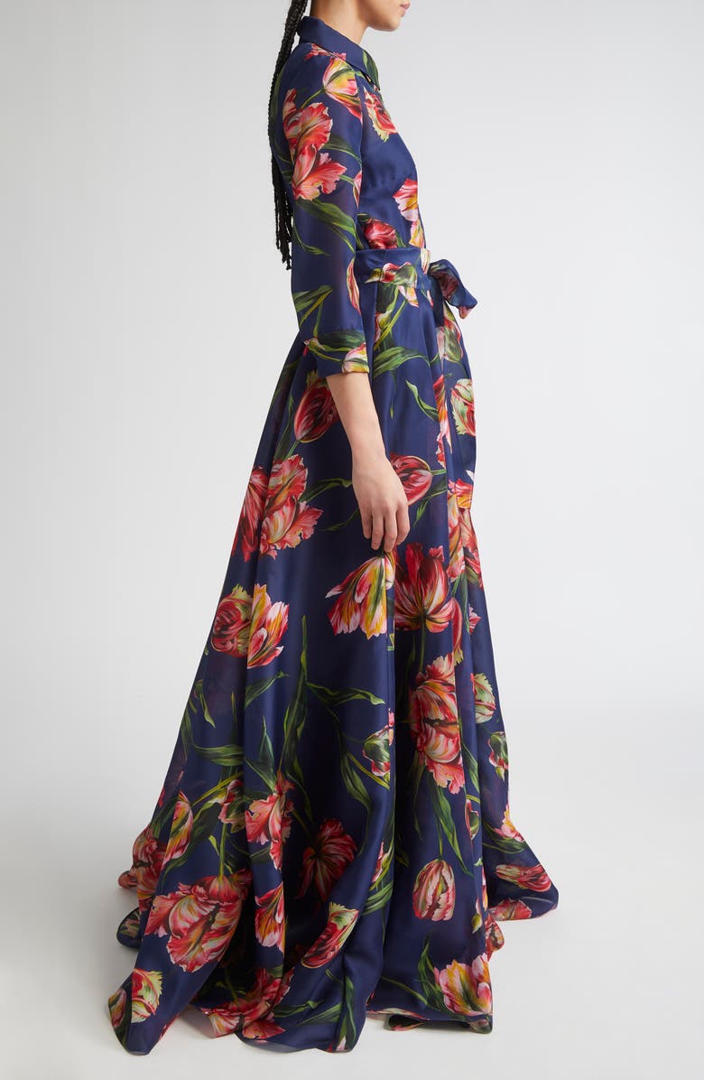 Carolina Herrera Tulip Print Silk Gazar Trench Gown, Alternate, color, Dark Navy Multi