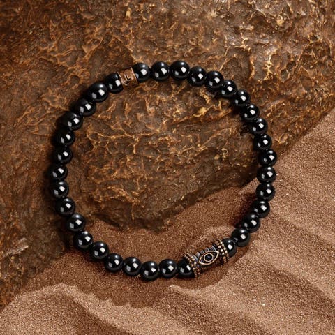 Men's Hematite Evil Eye Charm Beaded Bracelet Spiritual Fortress