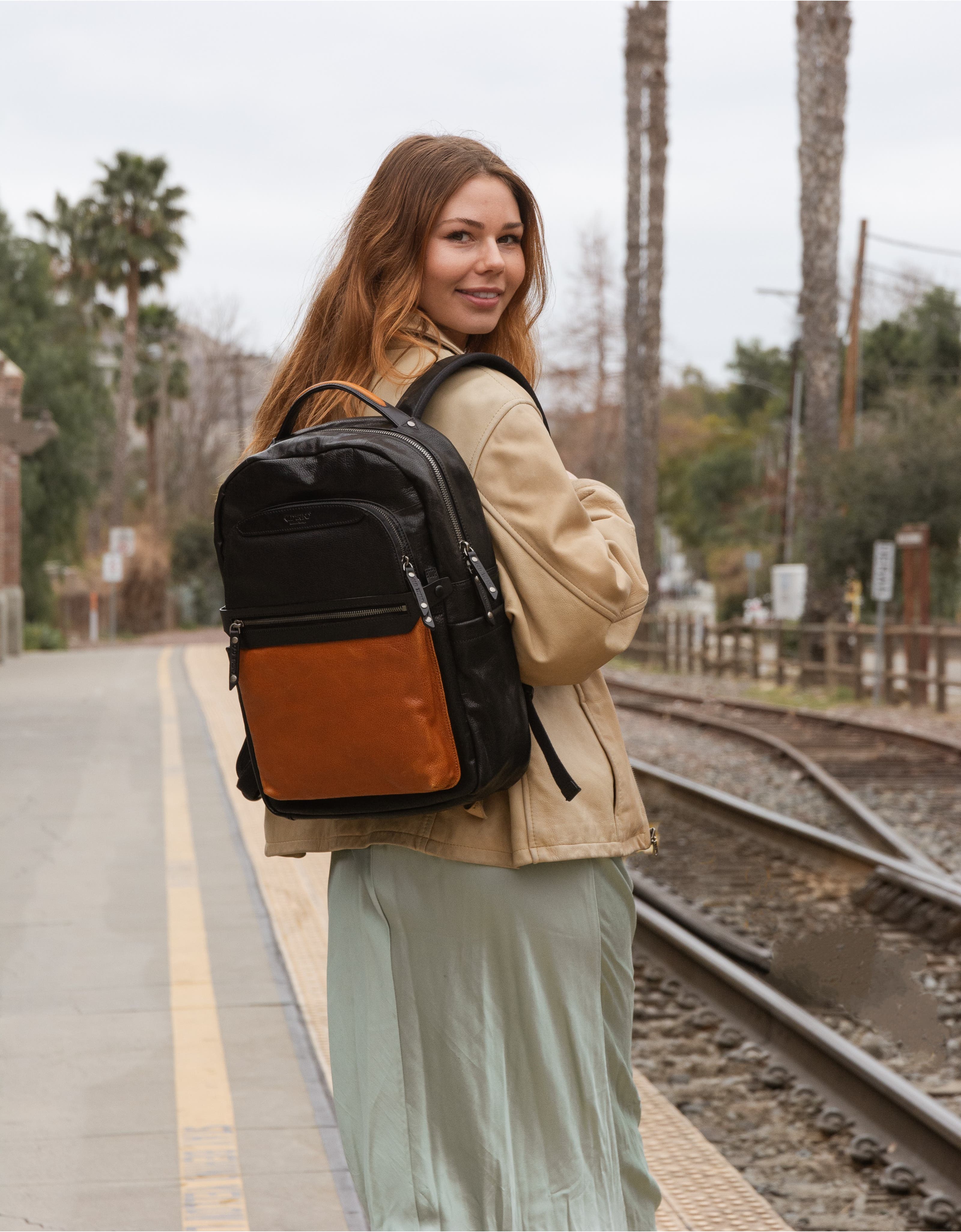 Moonlight Genuine Leather Organized Commuter Backpack, Alternate, color, Cognac