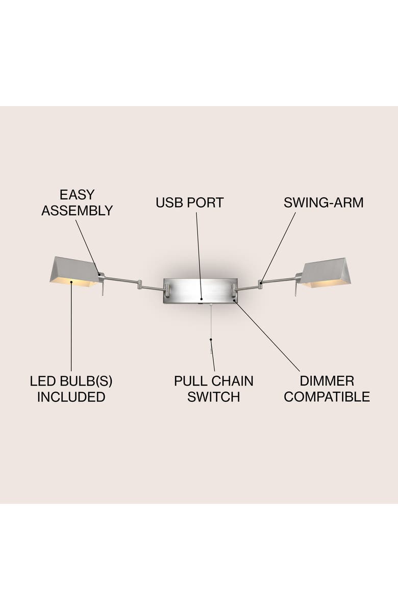 JONATHAN Y Arlo 2-Light Farmhouse Industrial Double Swing Arm Iron LED Wall Sconce with Pull-Chain USB Charging Port, Alternate, color, Nickel