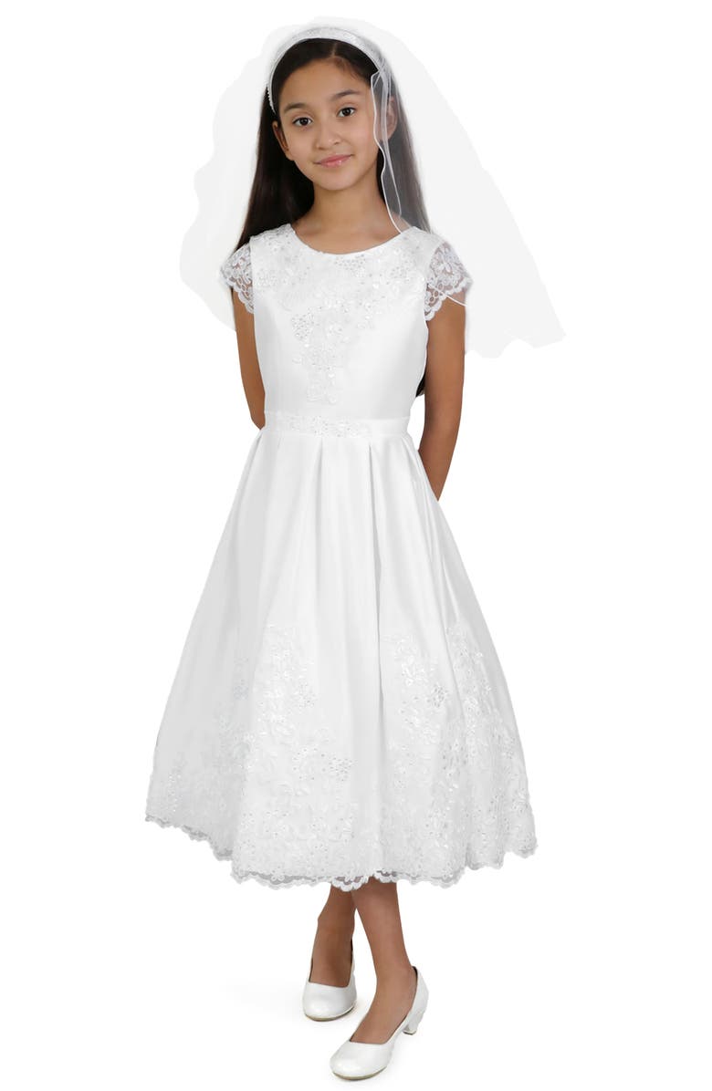 BLUSH by Us Angels Kids' Cap Sleeve Satin First Communion Dress, Main, color, 