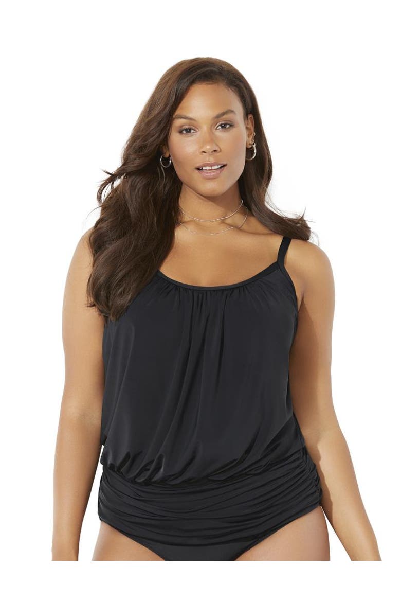 Lightweight Scoop Neck Blouson Tankini Top, Main, color, Black