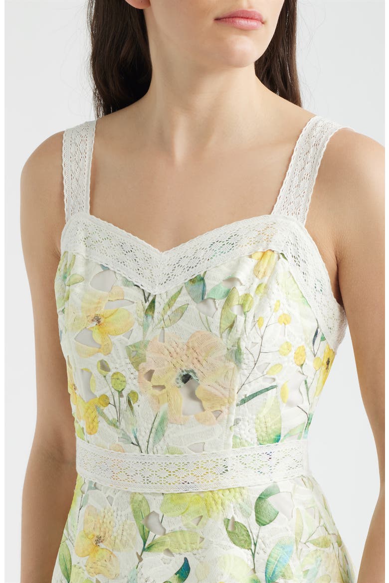 Print Lace Trim Sleeveless Midi Dress, Alternate, color, YELLOW MULTI