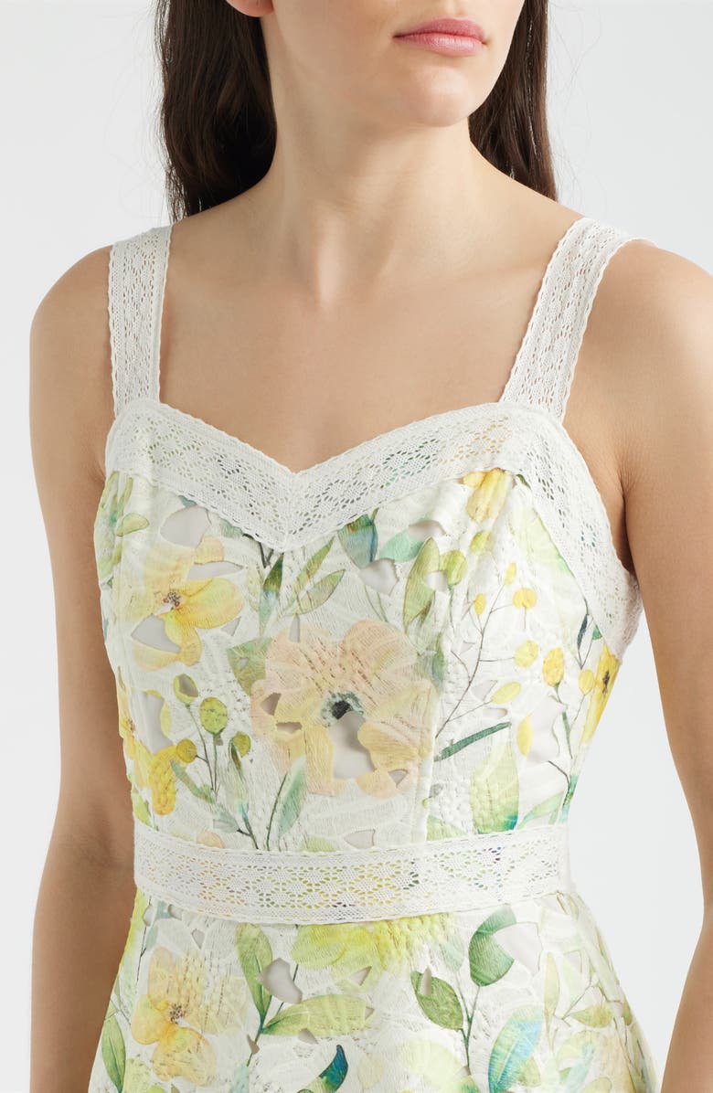 ZOE AND CLAIRE Print Lace Trim Sleeveless Midi Dress, Alternate, color, Yellow Multi