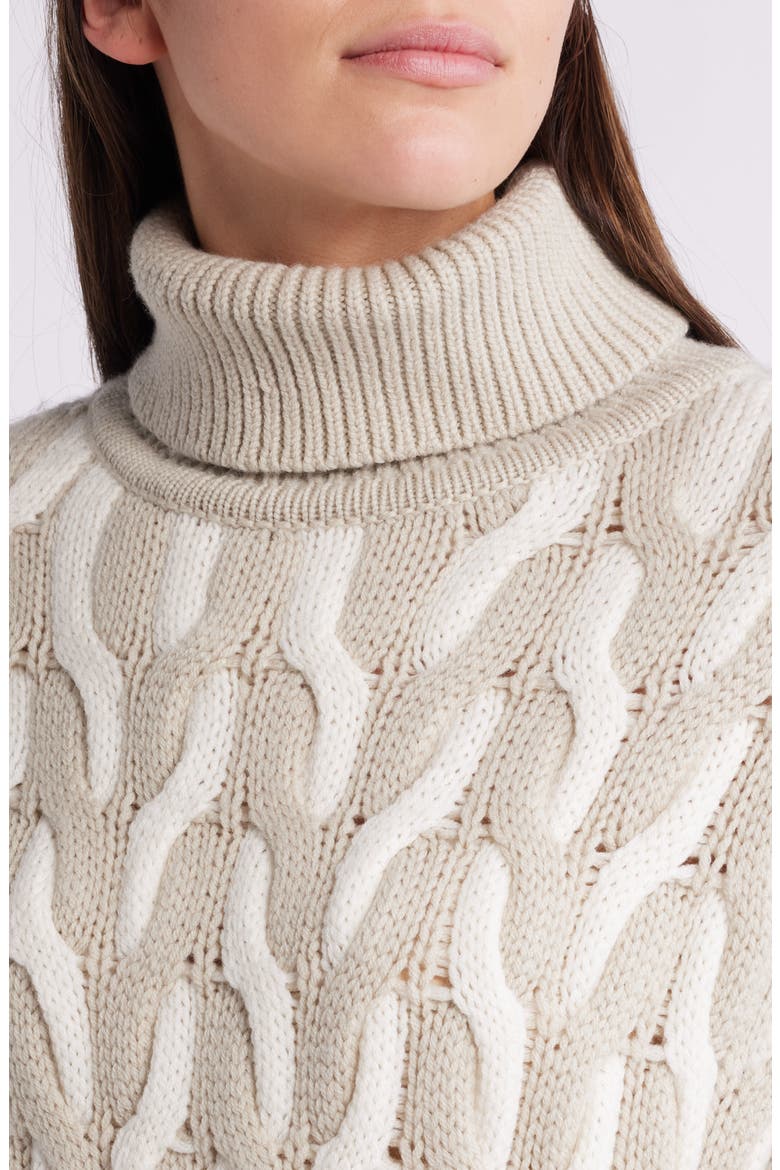 Ferdolia Two-Tone Cable Stitch Virgin Wool Turtleneck Sweater, Alternate, color, DRIED SAGE INTERLOCK