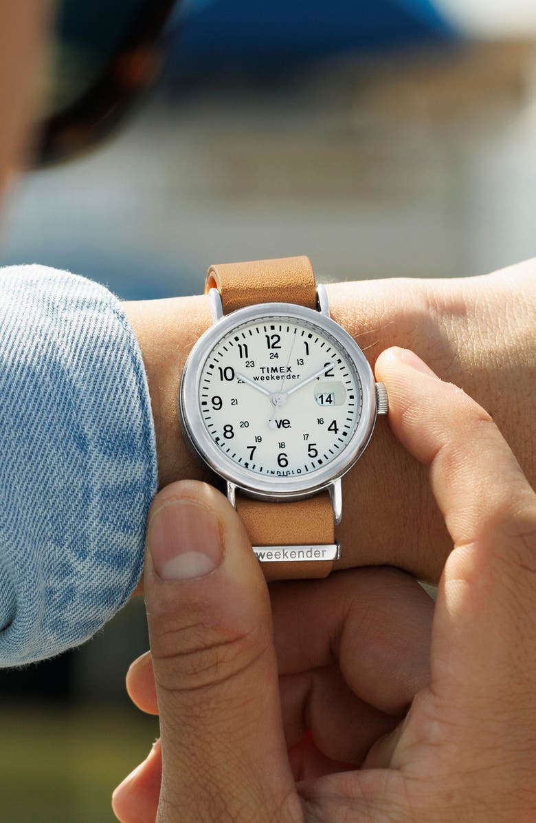 Timex<sup>®</sup> Weekender Leather Strap Watch, 37mm, Alternate, color, 