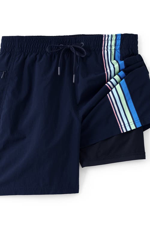 Lands' End 7 Inch Volley Hydroliner Swim Trunks In Deep Sea Navy Multi Stripes
