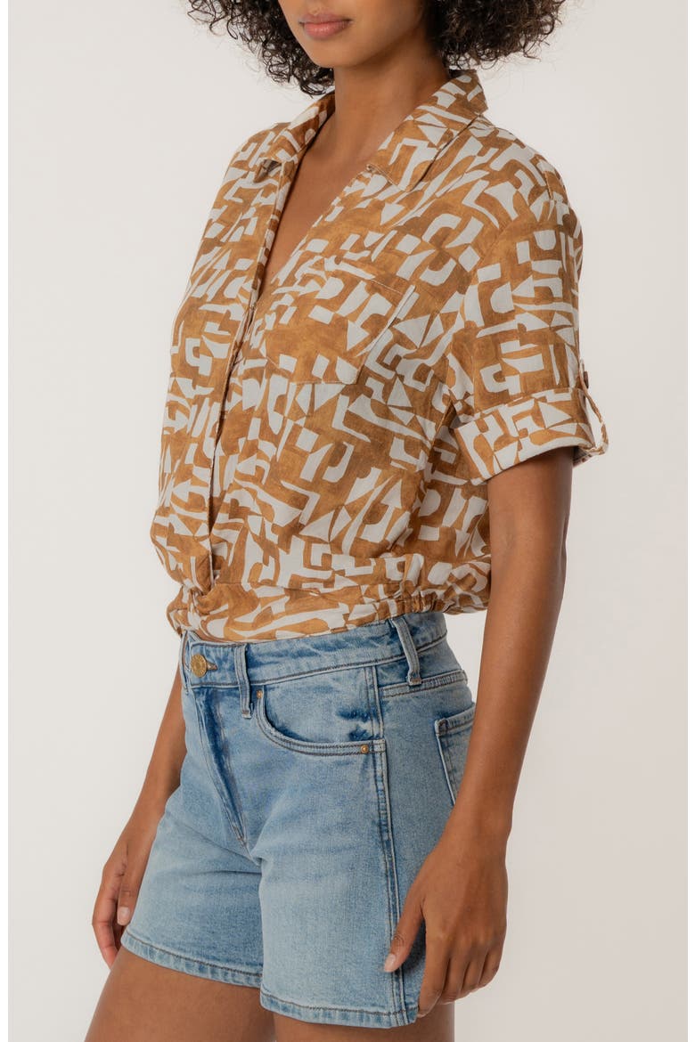 Rebel Printed Knot Front Linen Blend Top, Alternate, color, CAMBRIDGE WOOD
