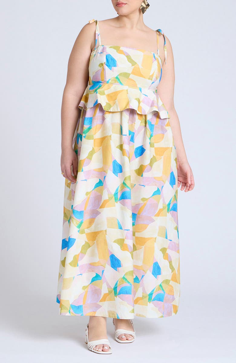 ELOQUII Geo Print Peplum Poplin Maxi Dress, Main, color,