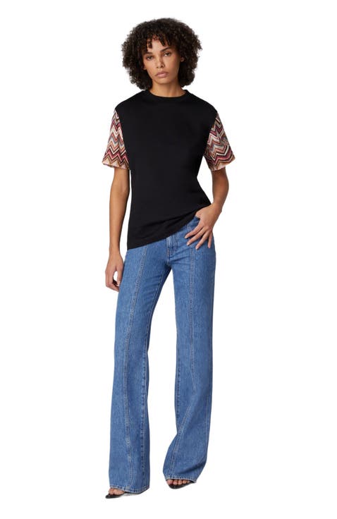 Crewneck T-shirt With Zig Zag Knit Sleeves