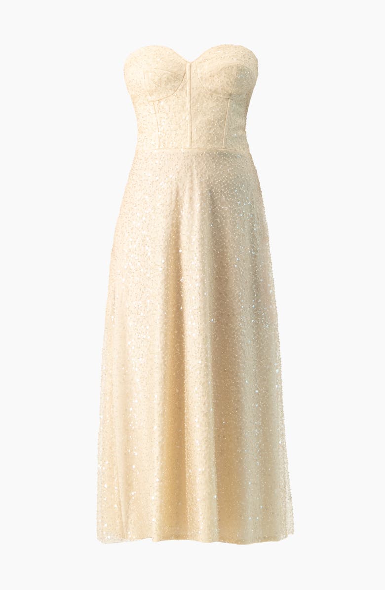 IVONNE Strapless Bustier Sequin Midi Dress, Alternate, color, Beige