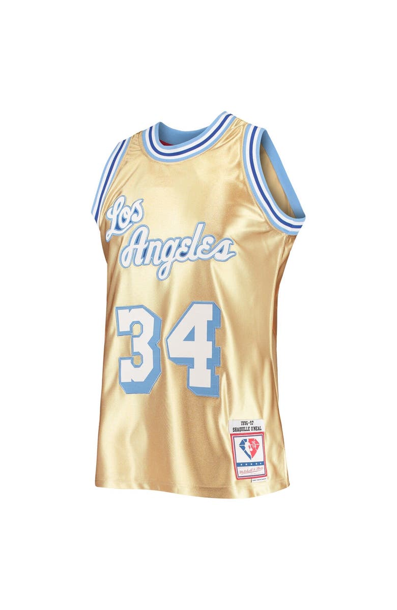 Mitchell & Ness Men's Mitchell & Ness Shaquille O'Neal Gold Los Angeles Lakers 75th Anniversary 1996/97 Hardwood Classics Swingman Jersey, Alternate, color,