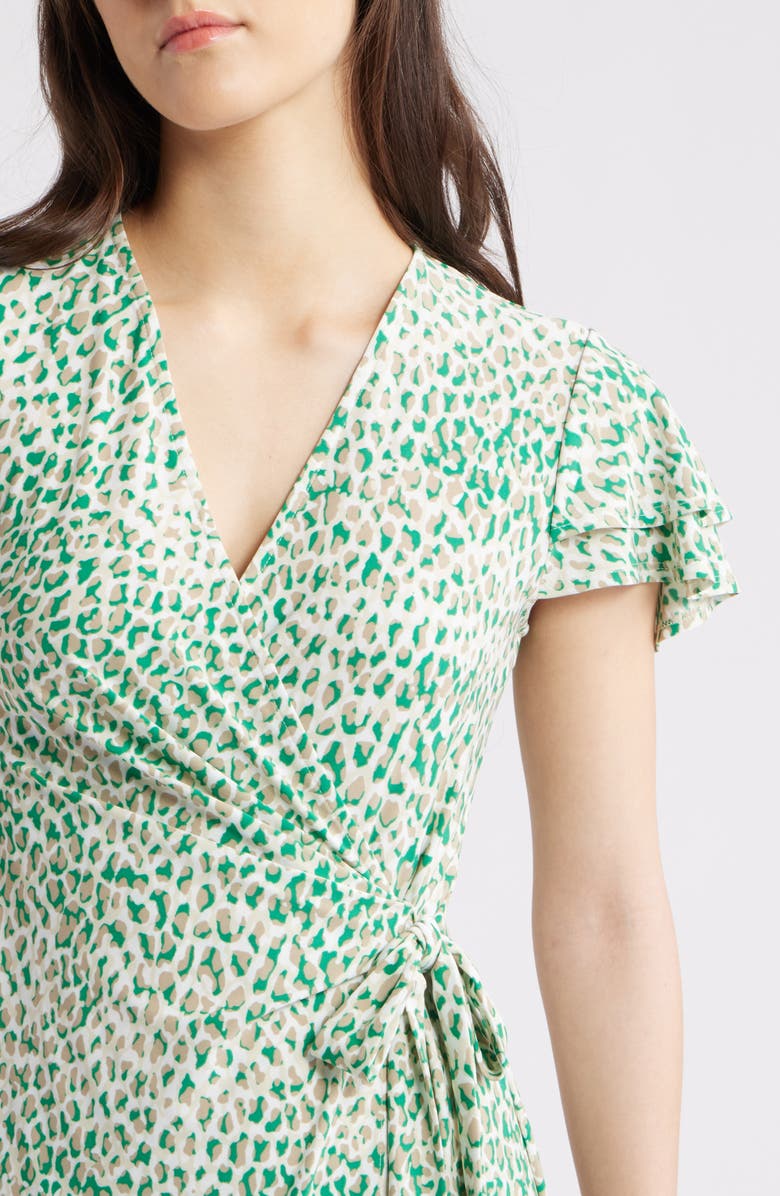 Anne Klein Animal Print Flutter Sleeve Wrap Dress, Alternate, color, Tropical Green Multi