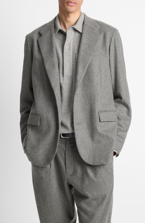 Heathered Grey Wool Blend Flannel Suit Jacket