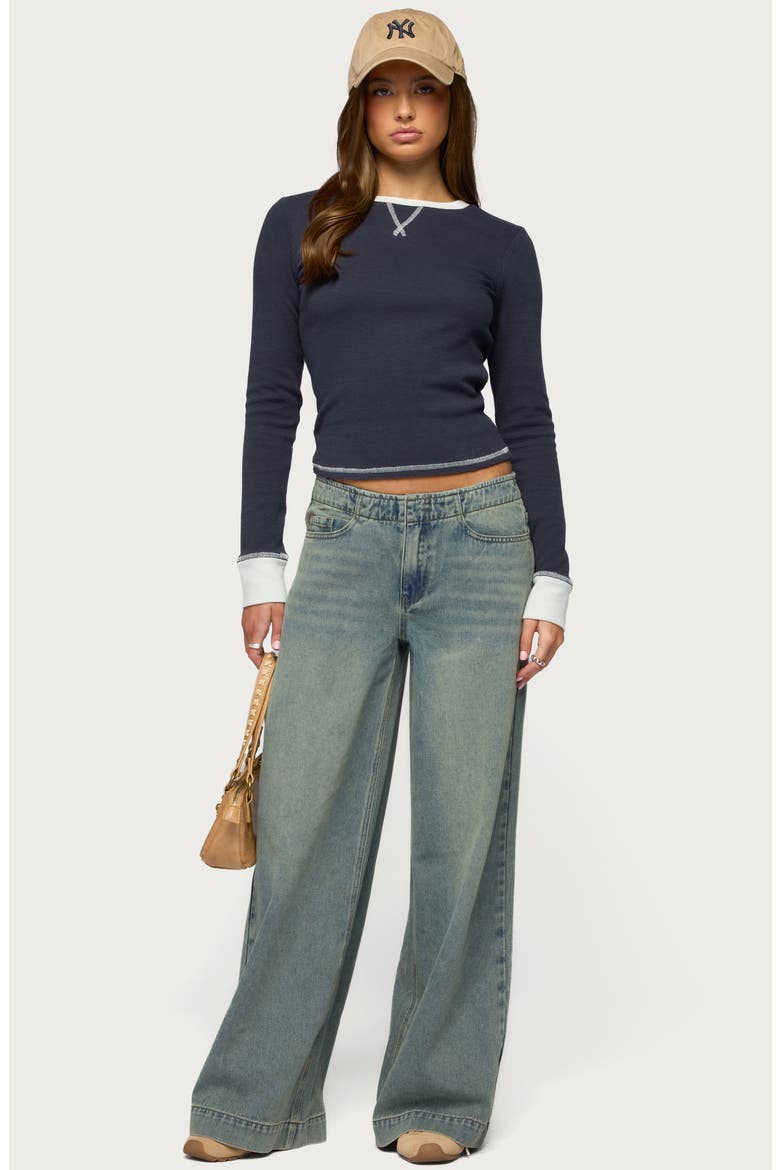 Rora Contrast Trim Cotton Blend Waffle Top, Alternate, color, NAVY