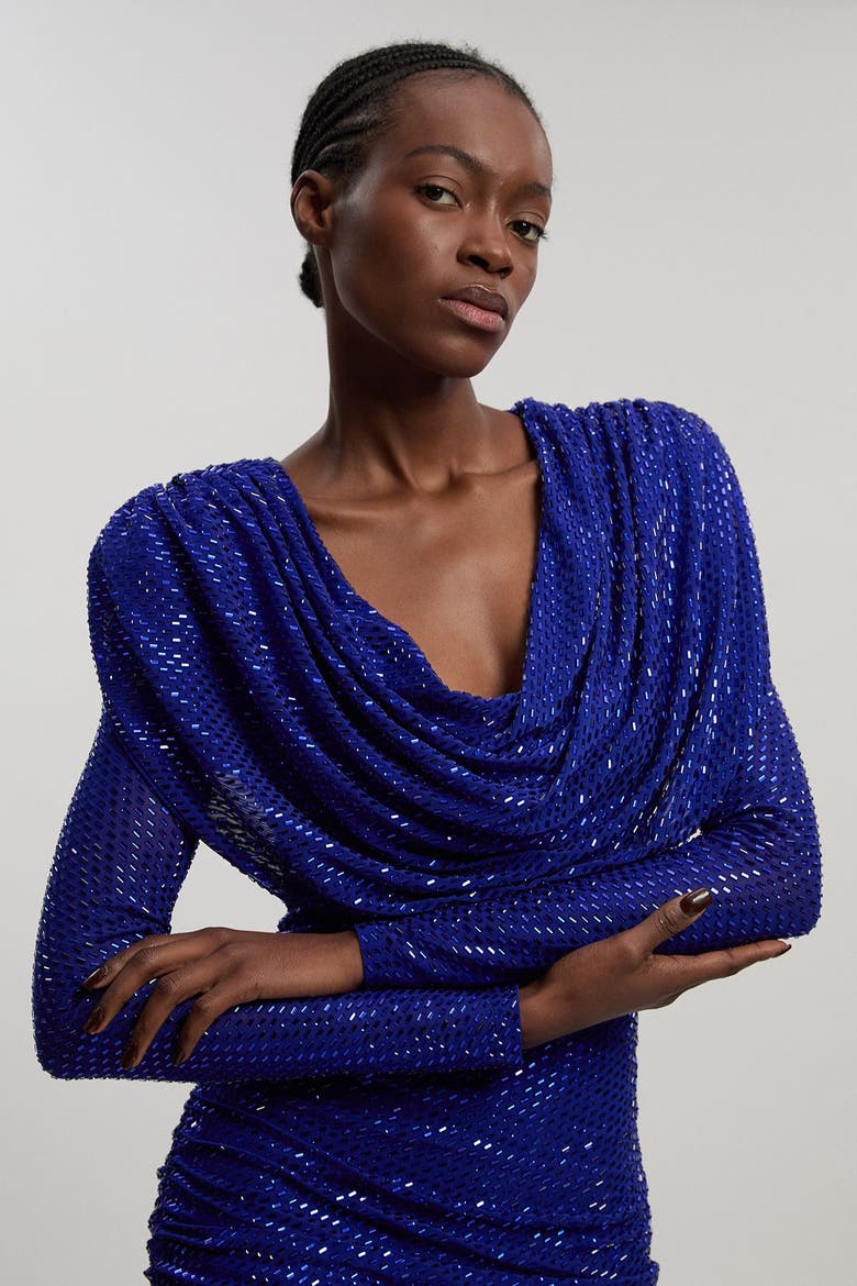 Cowl Neck Long Sleeve Mini Dress, Alternate, color, Cobalt