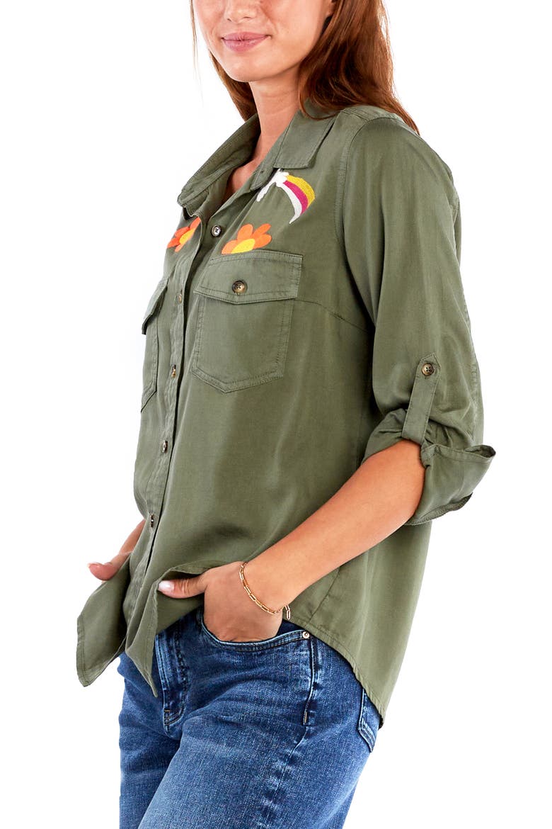 Peace & Love Embroidered Button-Up Shirt, Alternate, color, SOFT OLIVE