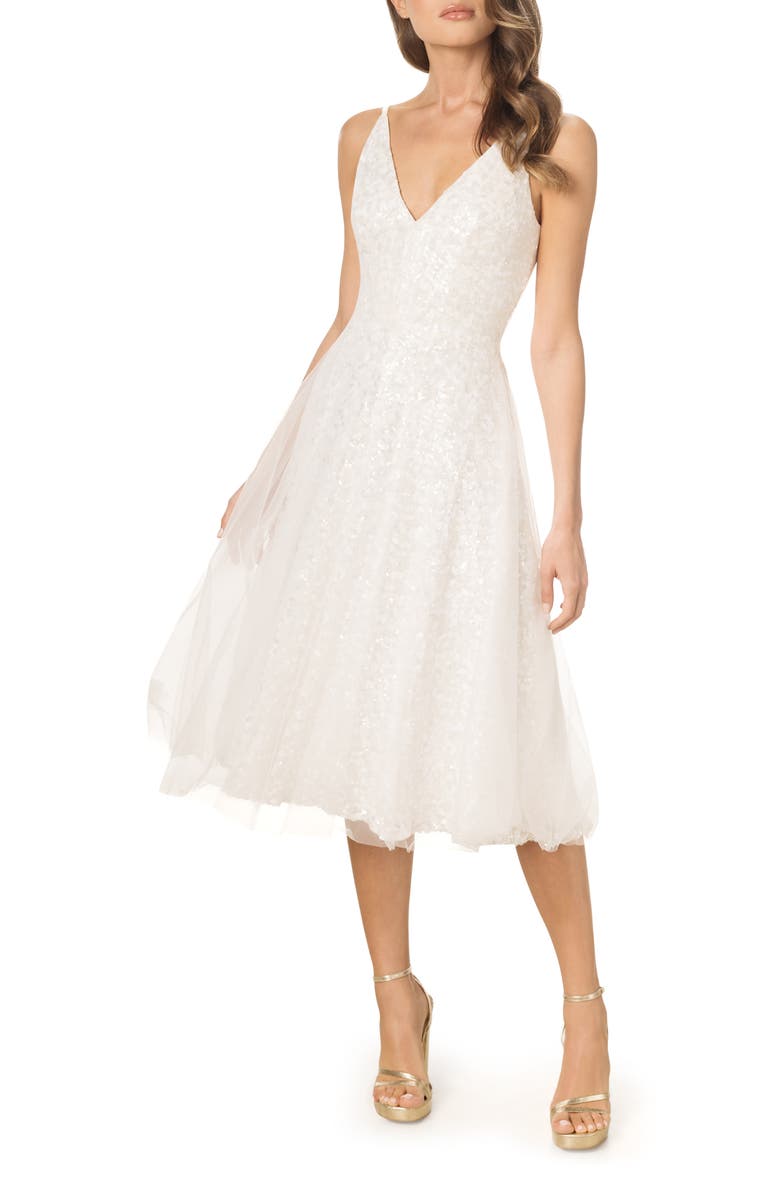 Dress the Population Courtney Sequin Midi Dress, Main, color, White Multi