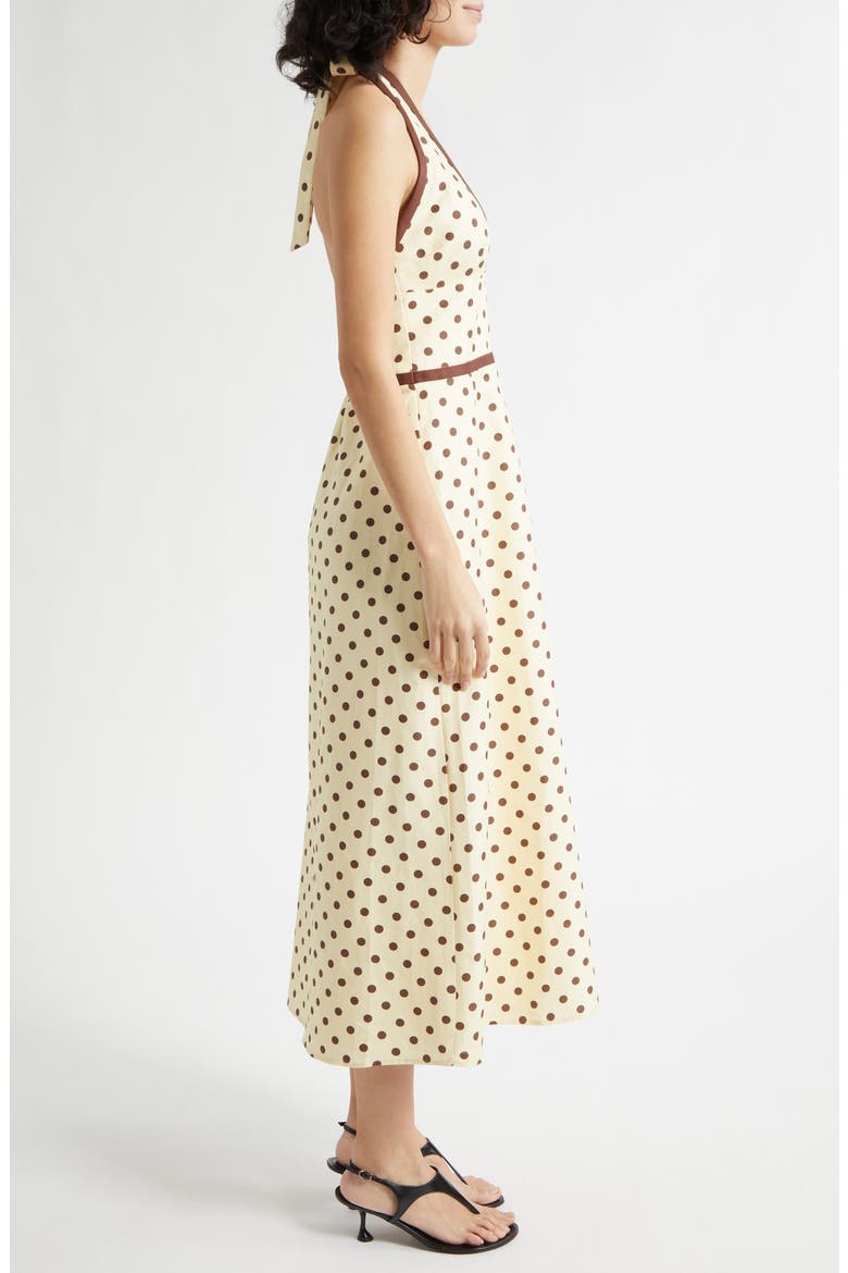 Bowie Polka Dot Plunge Halter Neck Midi Dress, Alternate, color, VANILLA/ CHOCOLATE