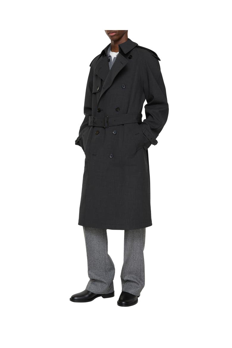 Long Bonded Stretch Wool Trench Coat, Main, color, Onyx grey melange
