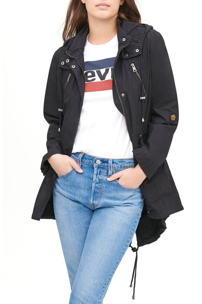 Levi's® Parachute Hooded Cotton Utility Jacket, Main, color, BLACK